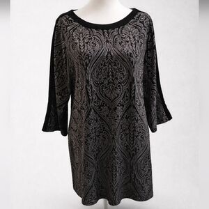 Susan Graver Top Scuba Knit Tunic Top XL Black, Gray Burnout  Gold Detail, Party